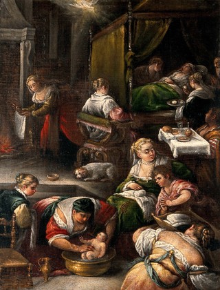 The birth of the Virgin. Oil painting by a follower of Francesco Bassano.
