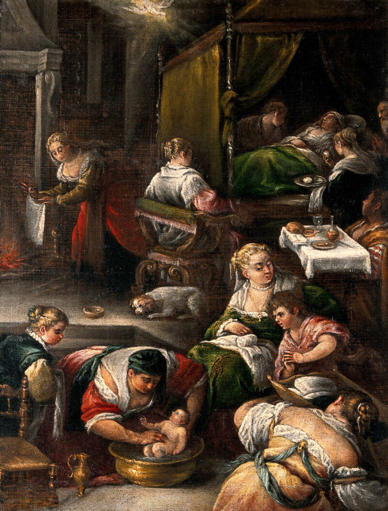 The birth of the Virgin. Oil painting by a follower of Francesco Bassano., by Francesco Bassano the Younger