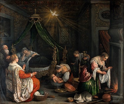 The birth of the Virgin. Oil painting by Leandro Bassano.