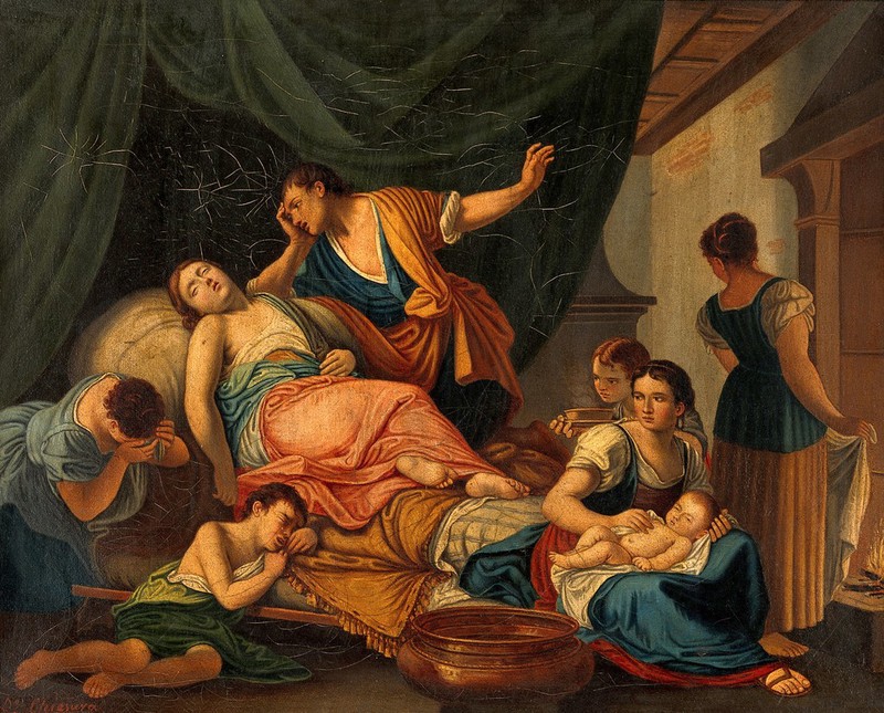 The birth of Benjamin and the death of Rachel. Oil painting by D. Chiesura after G.B. Cignaroli., by Giambettino Cignaroli