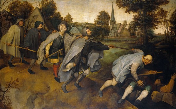 The blind leading the blind. Oil painting after Pieter Bruegel.