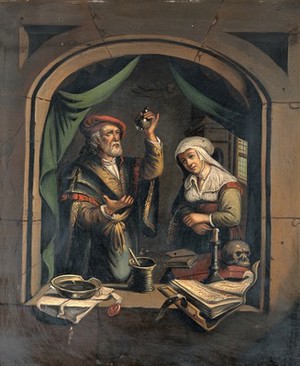 view A physician examining a urine flask. Oil painting after G. Dou.