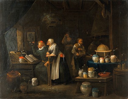 Interior with doctor, assistant, old woman and girl. Oil painting by Egbert van Heemskerck.