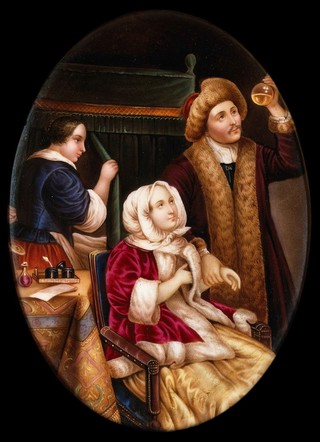 A physician examining a urine flask. Enamel by K.E.L. Hummel, 1859, after Caspar Netscher.