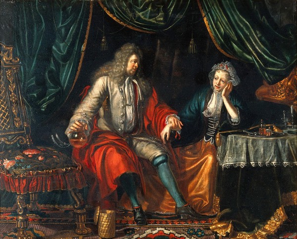 A physician feeling the pulse of a seated woman patient. Oil painting by Matthijs Naiveu.