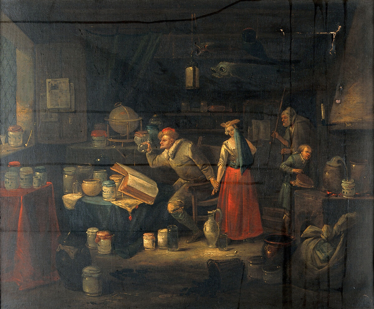 A man examining a urine flask. Oil painting by Egbert van Heemskerck., by Egbert van Heemskerck