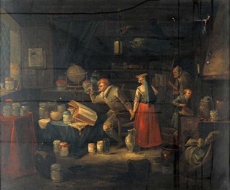 A man examining a urine flask. Oil painting by Egbert van Heemskerck., by Egbert van Heemskerck