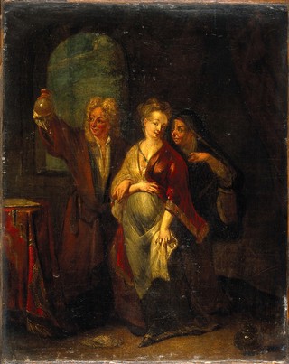 A physician examining the urine of a pregnant girl. Oil painting attributed to a Netherlandish painter, 18th century.