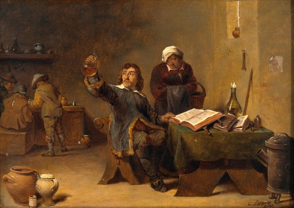 A medical practitioner examining a urine flask . Oil painting by C. De Bie (?) after David Teniers the younger.