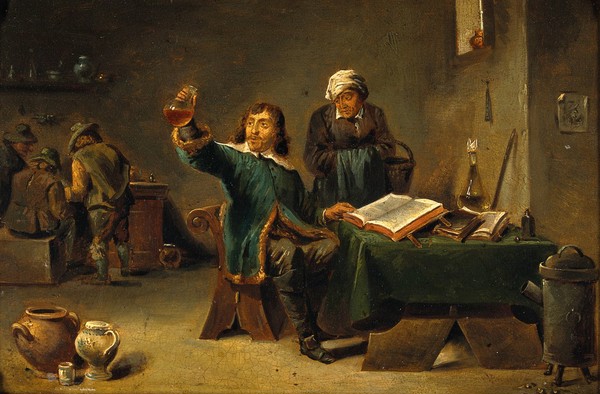 A medical practitioner examining a urine flask. Oil painting after David Teniers the younger.