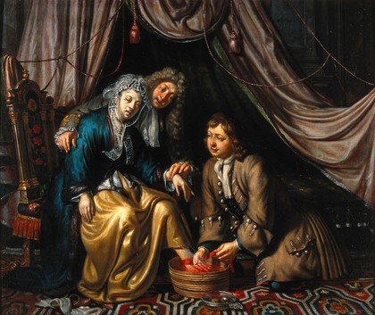 A physician and a surgeon attending to a woman patient. Oil painting by Matthijs Naiveu.