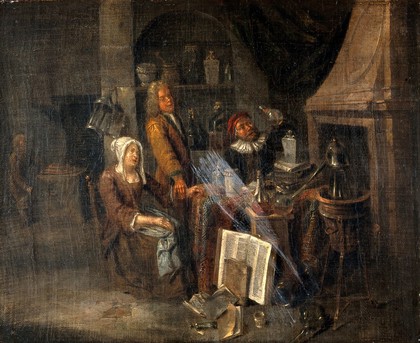 A physician, a woman patient and an alchemist (?). Oil painting attributed to Jan Josef Horemans I.