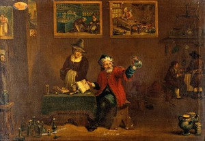 view A man examining a urine flask. Oil painting by a follower of David Teniers II.