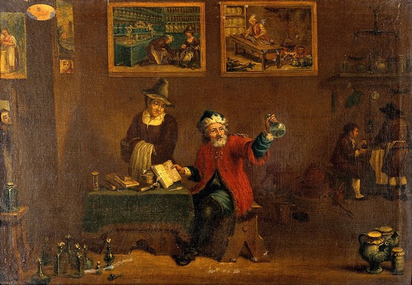 A man examining a urine flask. Oil painting by a follower of David Teniers II.