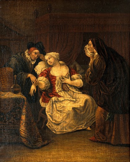 A medical practitioner taking a lady's pulse. Oil painting by a follower of Jan Havickz. Steen.