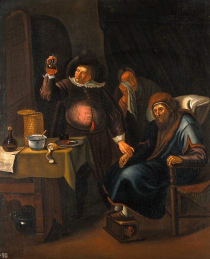 A medical practitioner examining the urine and taking the pulse of an elderly man. Oil painting by a follower of Jan Steen.