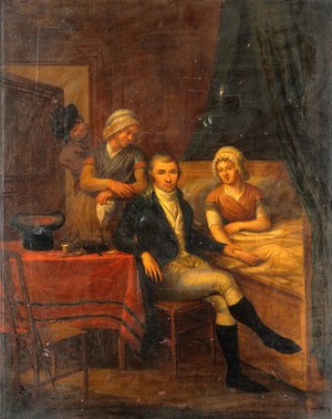 view A physician taking the pulse of a woman who sits in bed, in the presence of two other figures. Oil painting by L.B.