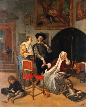 view A physician taking the pulse. Oil painting after Jan Steen.