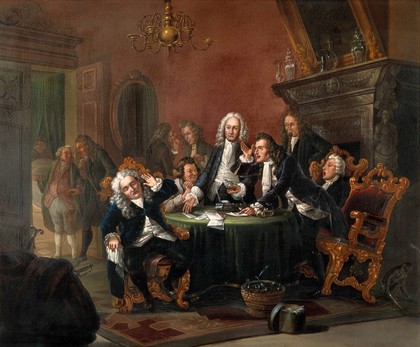 Physicians disputing while the patient suffers. Oil painting after (?) Johann Geyer.