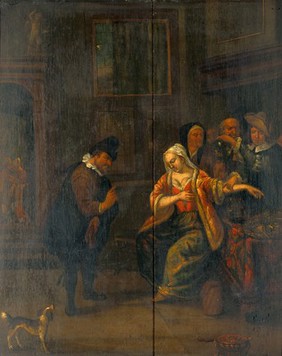 A medical practitioner examines the urine and takes the pulse of a woman, while another man gives her advice. Oil painting in the manner of Jan Steen.