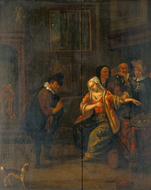 view A medical practitioner examines the urine and takes the pulse of a woman, while another man gives her advice. Oil painting in the manner of Jan Steen.