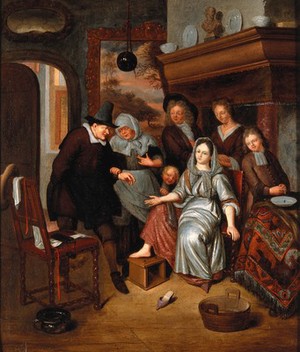 view A surgeon preparing to let blood from the foot of a girl, in the presence of five other figures. Oil painting after Richard Brakenburg.