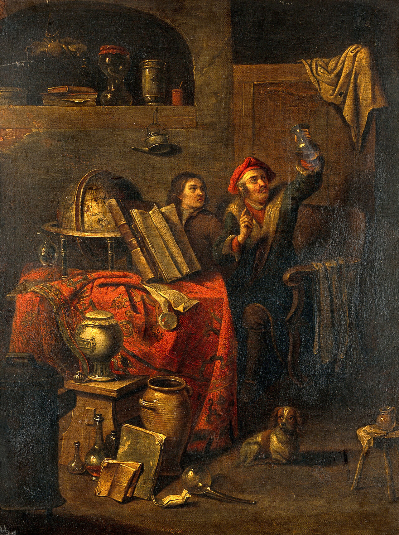 A physician examining a urine flask. Oil painting attributed to Philips Koninck., by Philips Koninck