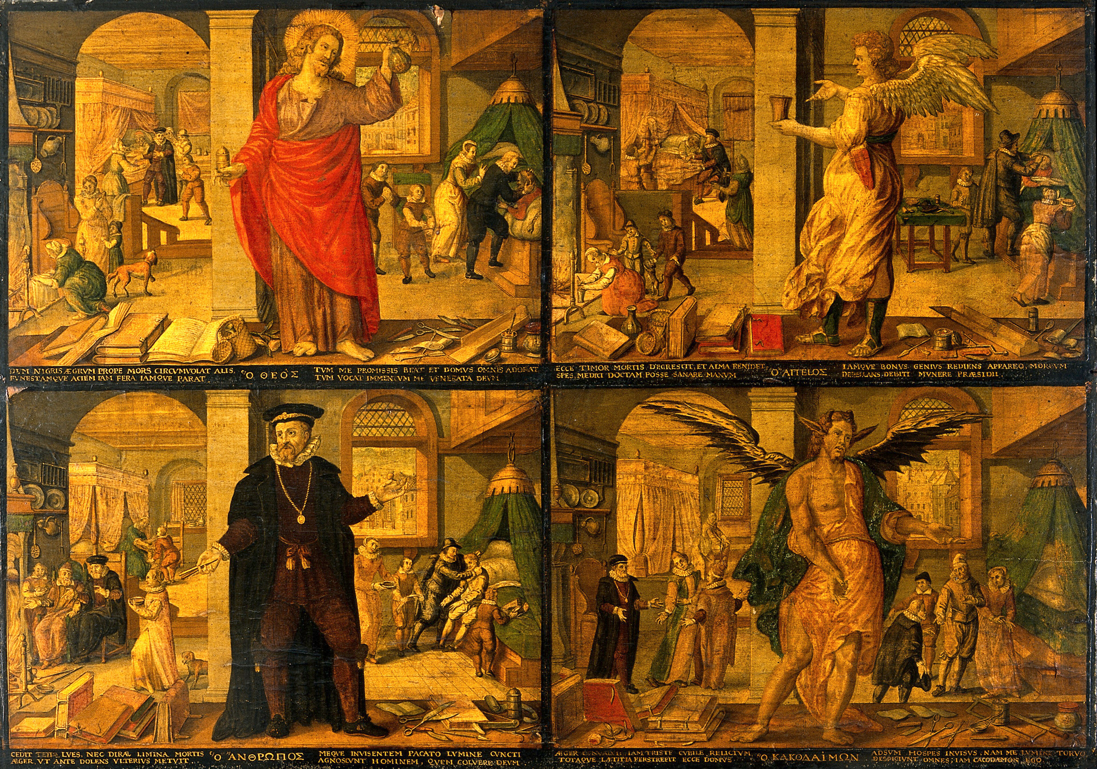 The medical practitioner as Christ, angel, man and devil. Coloured engravings by J. Gelle after E. van Panderen.