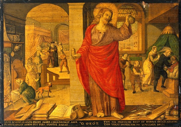 The medical practitioner appearing as Christ when he arrives to treat sick people. Coloured engraving by Johann Gelle after E. van Panderen.