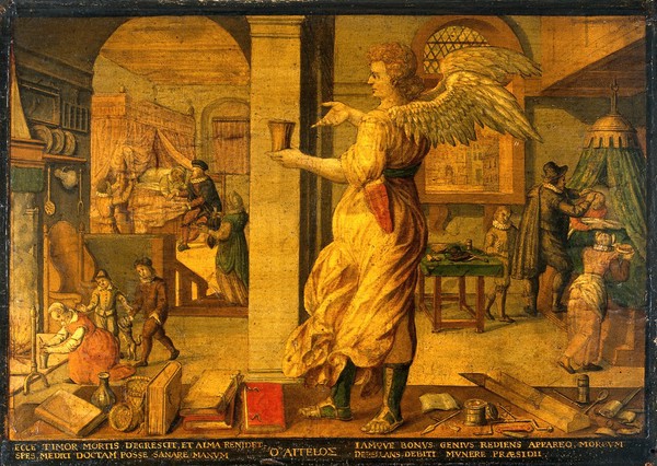 The medical practitioner appearing as an angel when he has started to heal sick people. Coloured engraving by Johann Gelle after E. van Panderen.