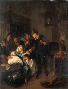 A medical practitioner taking a girl's pulse and holding a flask of her urine, with four other figures on the left and a maid opening a door on the right. Oil painting after Richard Brakenburg.