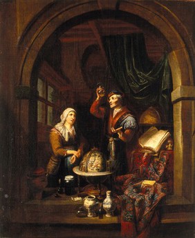 A physician examining a urine-flask. Oil painting by Gerard Thomas.