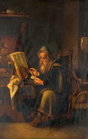 A philosopher reading. Oil painting by a follower of David Teniers the younger.