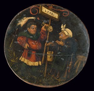 view A quack-doctor examining a urine flask. Oil painting.