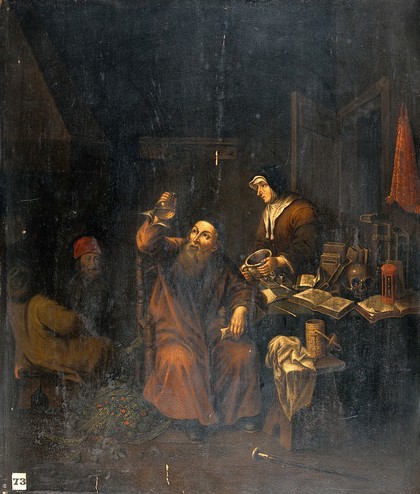 A physician examining a urine-flask brought by a woman. Oil painting after Caspar Netscher.