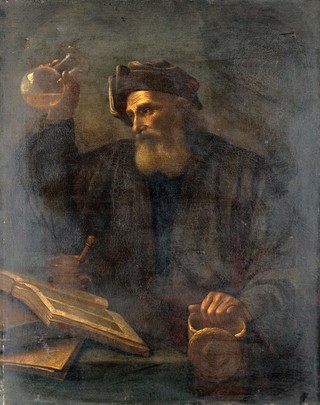 A physician examining a urine flask. Oil painting in the manner of Salomon de Koninck.