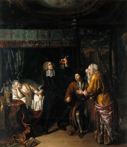 A physician at the bedside of a young woman. Oil painting by Matthijs Naiveu.