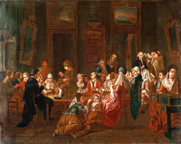Mesmeric therapy. Oil painting by a French (?) painter, 1778/1784.