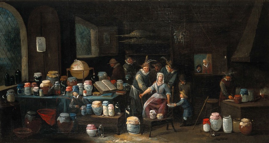 Operators letting blood from the arm of a woman in a room crowded with pharmacy jars. Oil painting by Egbert van Heemskerck.