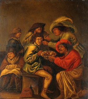 An operator extracting "pierres de tête" from behind a man's ear, with four other people in attendance. Oil painting by a follower of Pieter Jansz. Quast.