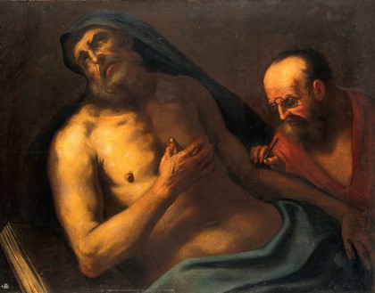 A man attended by a surgeon (suicide of Seneca?). Oil painting.