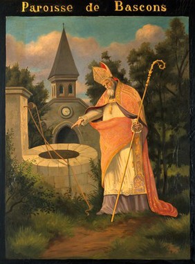 Saint Amand blessing the healing well of Bascons. Oil painting by a painter of Bascons, Landes.