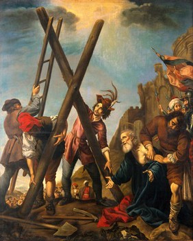 The crucifixion of Saint Andrew. Oil painting by Pierre Castoni after Carlo Dolci.