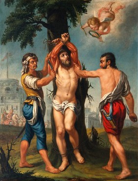 The flaying of Saint Bartholomew. Oil painting attributed to a Portuguese painter, 19th century.