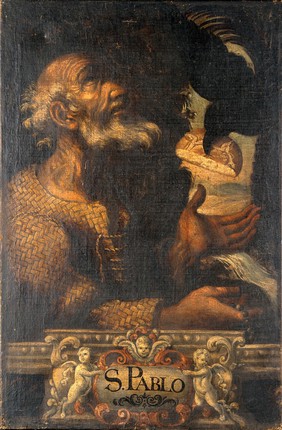 Saint Paul the Hermit being fed by a raven. Oil painting by a Spanish painter.