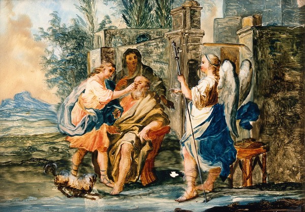 Tobias restoring the eyesight of Tobit in the presence of Raphael and Anna. Gouache painting by a Spanish painter, 19th (?) century.