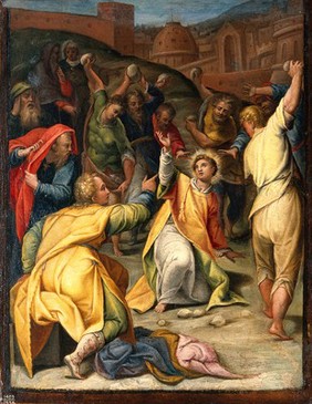 The stoning of St Stephen. Oil painting by or after L. Sabbatini.