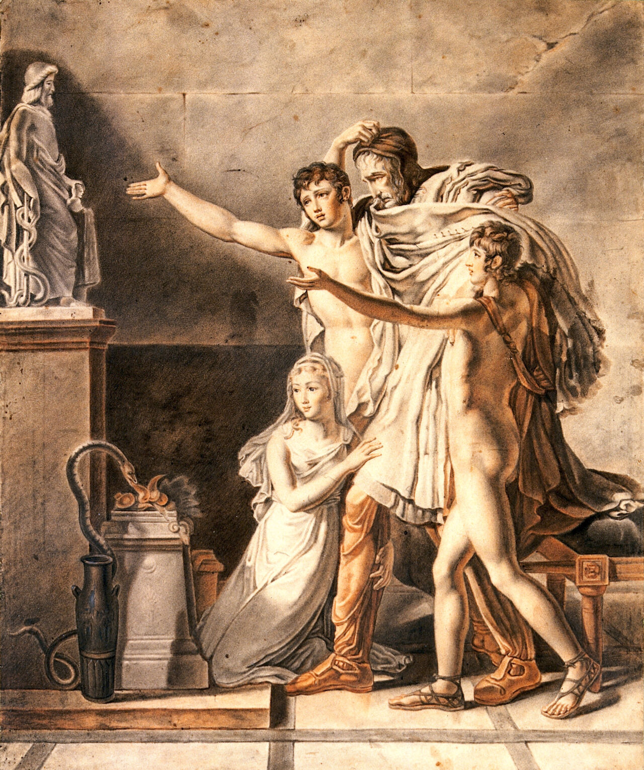 Four people praying to Aesculapius. Watercolour attributed to circle of P.-N. Guérin., by Pierre-Narcisse Guérin