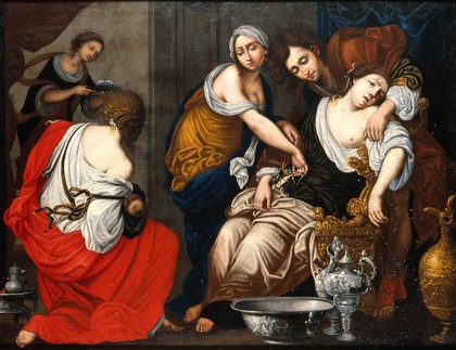 The birth of Benjamin and the death of Rachel. Oil painting after Francesco Furini.