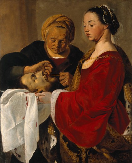 Herodias mutilating the severed head of Saint John the Baptist held by Salome. Oil painting attributed to Pieter de Grebber.